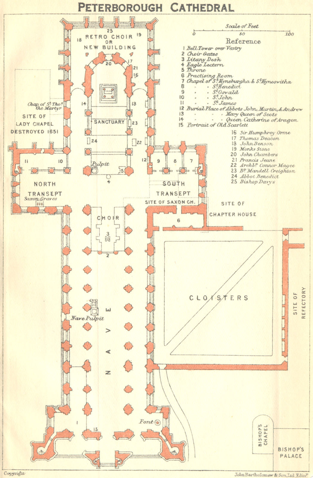 NORTHANTS. Peterborough cathedral 1924 old antique vintage map plan chart